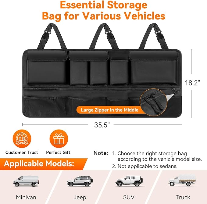 Trunk Organizer for SUV, 35.5" x 18.2" Large Capacity Car Organizers and Storage, Backseat Hanging Storage Bag with 10 Pockets, Adjustable & Waterproof Car Interior Accessories for SUV Truck MPV