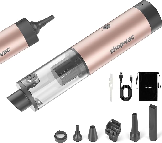 Shop-Vac S4 Mini Car Vacuum Cordless, 15000Pa 4-in-1 Portable Handheld Desk Vacuum & Air Duster with Brushless Motor, LED Light, Multi-Nozzles, 2 Modes, for Car, Office, Keyboard Cleaning (Champagne)
