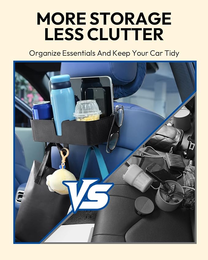 3 in 1 Car Headrest Backseat Organizer, Seat Back Organizer Headrest Strong Multi- Hanging Hooks with 3.7" Cup Holder for Car Headrest Backseat Travel Accessories, 2PCS