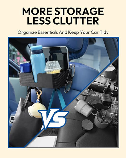 3 in 1 Car Headrest Backseat Organizer, Seat Back Organizer Headrest Strong Multi- Hanging Hooks with 3.7" Cup Holder for Car Headrest Backseat Travel Accessories, 2PCS
