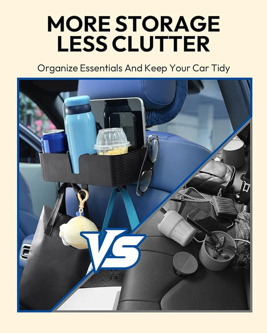3 in 1 Car Headrest Backseat Organizer, Seat Back Organizer Headrest Strong Multi- Hanging Hooks with 3.7" Cup Holder for Car Headrest Backseat Travel Accessories, 2PCS