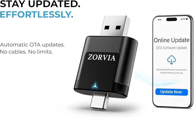 ZORVIA Wireless CarPlay Adapter for iPhone & Android Auto 2026 Upgraded - Convert Wired CarPlay to Wireless, Fast Auto Reconnect, Plug and Play, USB-C & USB-A (Black)