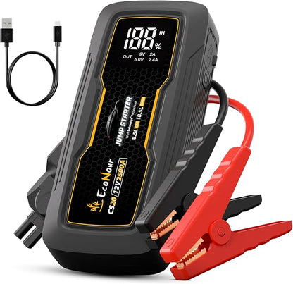 EcoNour 2500A Portable Jump Starter for Car | 12V Lithium Jump Box for 8.5L Gas and 8.5L Diesel Engines | Car Jump Starter - LCD Display, Emergency Flashlight and Jumper Cables