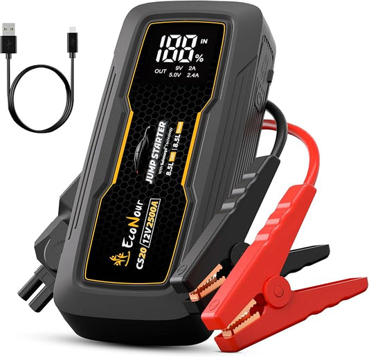 EcoNour 2500A Portable Jump Starter for Car | 12V Lithium Jump Box for 8.5L Gas and 8.5L Diesel Engines | Car Jump Starter - LCD Display, Emergency Flashlight and Jumper Cables