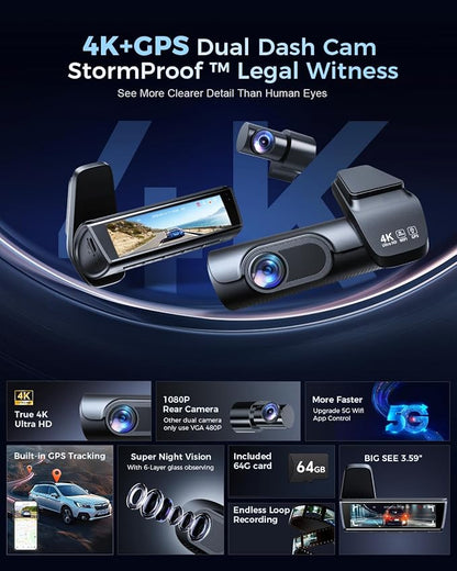 OVAMAN K600 4k Dash Cam Front and Rear, 3.59" IPS Screen, Built-in GPS 5G WiFi Dash Camera for Cars with App, UHD 2160P Night Vision Free 64G SD Card, 170° Wide Angle, HDR, 24H Parking Mode