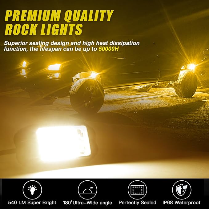 Nicoko 4Pods Pure Yellow 72 LEDs SMD Chips 72w High Power Rock Lights Super Bright Yellow Offroad Car Boat Underglow Lights IP68 Waterproof for Truck SUV UTV ATV RZR