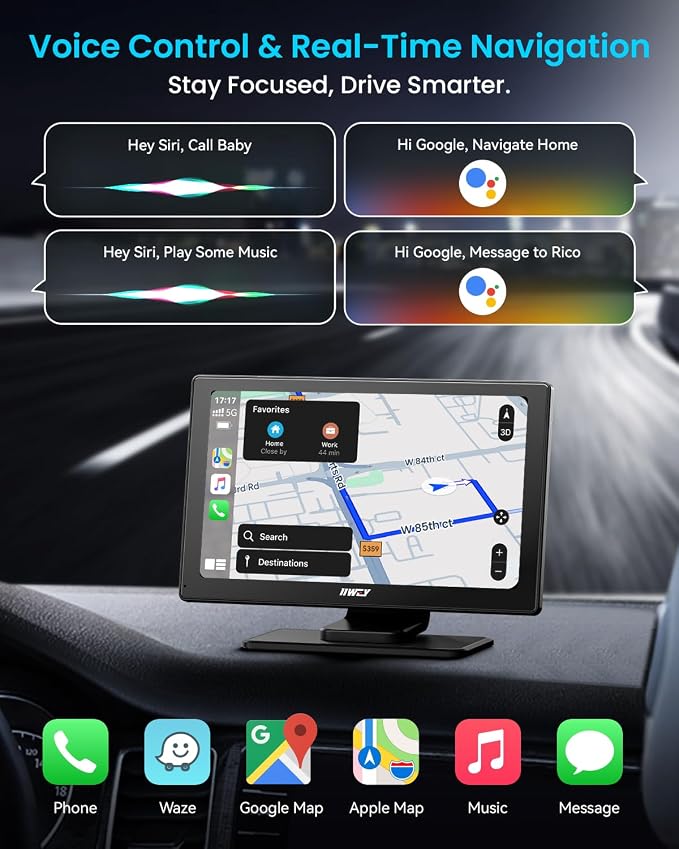 IK5 9" Wireless Apple CarPlay & Android Auto Screen, Portable Car Stereo with 4K Dash Cam & 1080p Backup Camera, Add CarPlay to Any Vehicle, Touchscreen, Mirror Link