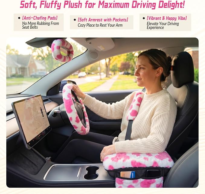 5 Pcs Fuzzy Cow Print Car Accessories Set, Soft Fluffy Plush Steering Wheel Cover, Center Console Armrest Pad & Rearview Mirror Cover - Interior Decorations for Women,Universal Fit (Pink Cow)