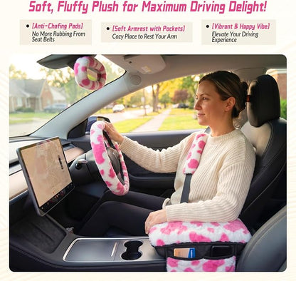 5 Pcs Fuzzy Cow Print Car Accessories Set, Soft Fluffy Plush Steering Wheel Cover, Center Console Armrest Pad & Rearview Mirror Cover - Interior Decorations for Women,Universal Fit (Pink Cow)