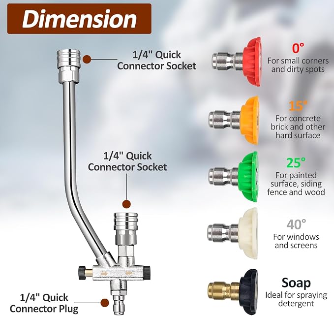 BEAR FORCE Foam Cannon Dual-Connector Accessory, Pressure Washer Double Tip Attachment for Soap Cannon, 5 Pressure Washer Sprayer Nozzles #035, 1/4" Quick Connect, for Car Wash, Car Detailing
