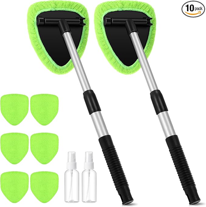 Baderke 10 Pcs Windshield Cleaner Tool Car Window Cleaning Supplies with Extendable Handle Include 6 Washable Microfiber Bonnets 2 Empty 60ml Spray Bottle Glass Wiper Kit (Green)