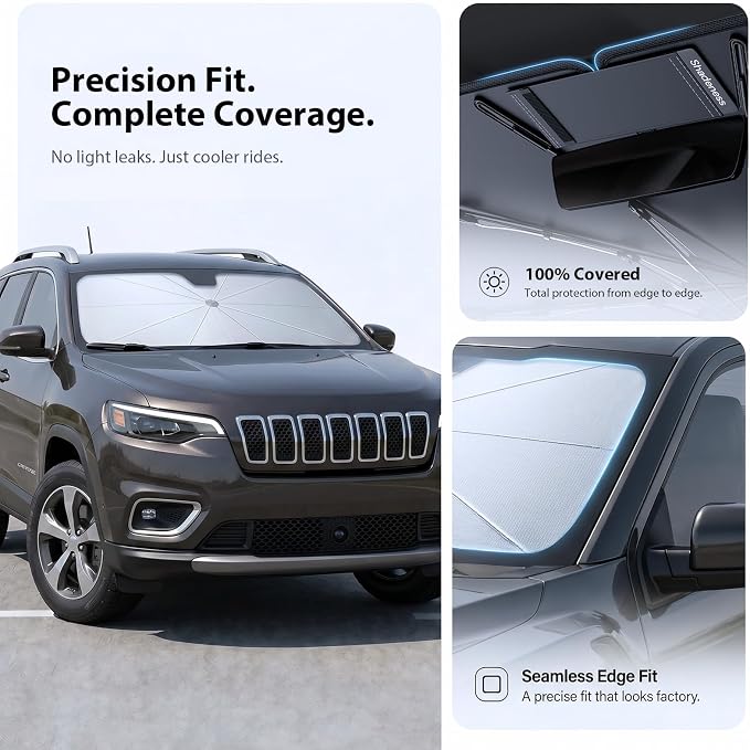2026 Upgraded Windshield Sun Shade Umbrella for Jeep Cherokee [Precision Custom Fit, Superior UV & Heat Block] Cooling Tech Fabric, Durable Foldable with Storage Bag, Fits 2000-2001, 2014-2023