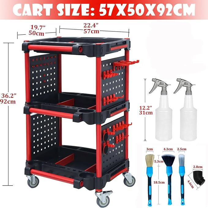 Car Detailing Cart – Auto Detailing Tool Cart with 4 Tool Hanging Board,360° Lockable Universal Wheels, 3 Tier Car Wash Detail Cart for Professional Detailing (4 Tool Hanging Board)