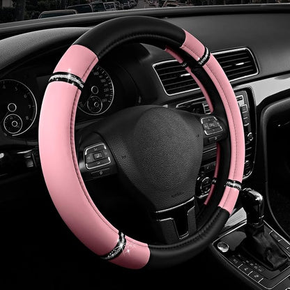 Road Comfort Leather Steering Wheel Cover – Premium Anti-Slip Car Steering Wheel Grip Cover – Universal Fit for 14.5”–15” Cars, Trucks & SUVs - Pink