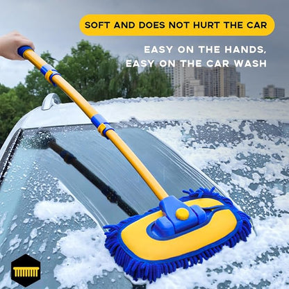 Car Wash Brush Kit, 40" Auto Wash Mop with 15° Curved Extendable Long Handle, Soft Scratch-Free Car Cleaning Mop Mitt to Clean Your Car Shine Like New, Car Accessories (Blue+Blue)