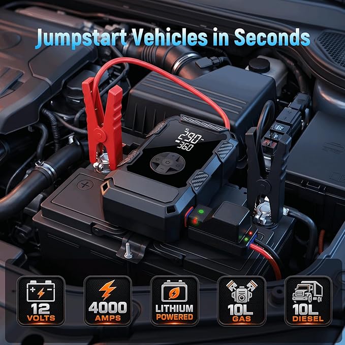 4000A Car Jumper Starter Portable with Air Compressor, 12V Battery Jump Starter with Tire Pump 150PSI for 10L Gas Diesel Engines, Car Battery Jumper Box Pack Combo with LED Light, Father Day Gift