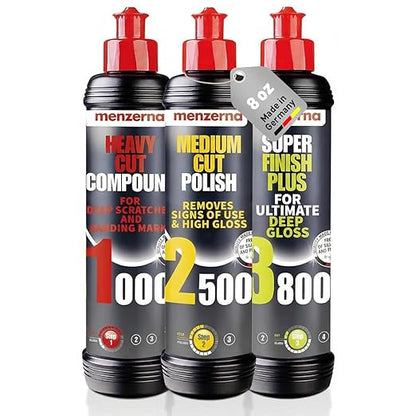 menzerna Polishing Set 8oz – HCC1000, MCC2500 & 3800 | 3-Step System for Scratch Removal, Swirl Elimination & Mirror-Like Finish