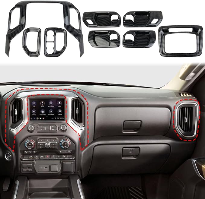 Carbon Fiber Center Console Dashboard Kit Trim for 2019-2026 Chevy Silverado/GMC Sierra 1500 2500 3500 (8-piece Set)