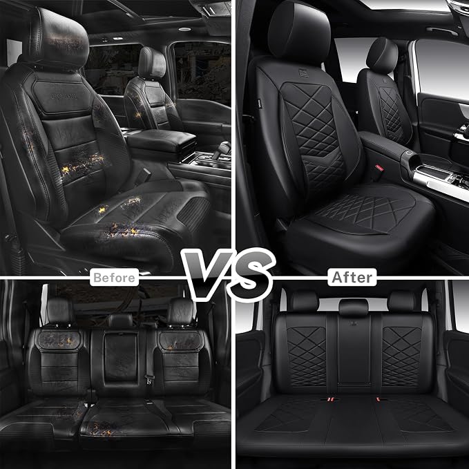 CAR PASS Luxury Nappa Leather Seat Covers Full Set, Water Resistant Faux Leather Seat Covers with Lumbar Support, Comfortable Automotive Seat Covers Universal Fit for SUV Sedan Van Truck, Solid Black