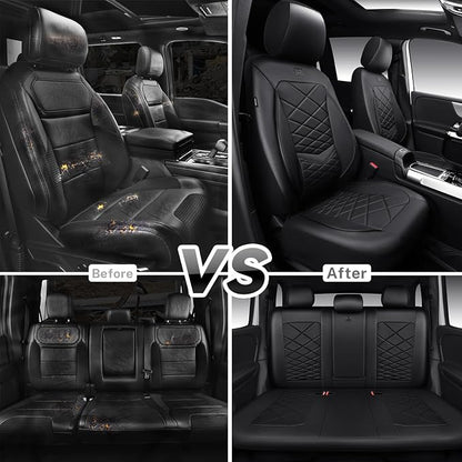CAR PASS Luxury Nappa Leather Seat Covers Full Set, Water Resistant Faux Leather Seat Covers with Lumbar Support, Comfortable Automotive Seat Covers Universal Fit for SUV Sedan Van Truck, Solid Black