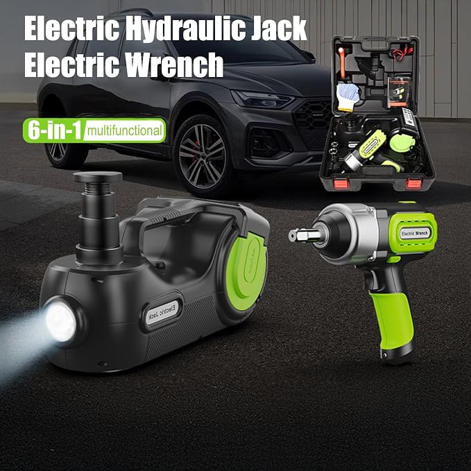 Electric Hydraulic Jack Emergency Tool Kit with Window-Breaking Hammer Anti-Slip Gloves Battery Clamps Electric Wrench C