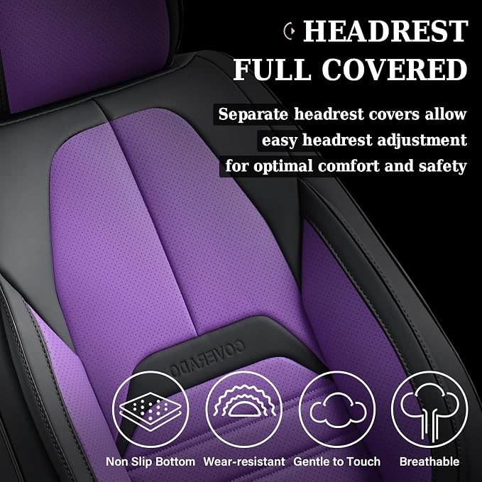 Coverado Car Seat Covers Full Set, Seat Covers for Cars, Automotive Seat Covers, Waterproof Nappa Leather Front Seats and Back Car Seat Protector, Universal Fit for Most Cars SUV Trucks,Black&Purpe
