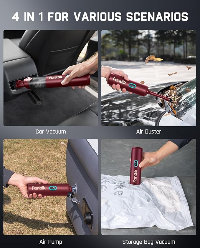Fanttik Slim V8 APEX Car Vacuum, 4-in-1 Portable Mini Cordless Vacuum with 19000pa Suction Power for Pet Hair, Type-C Charge, One-Touch Empty for Car, Office Desk, Keyboards (Red)