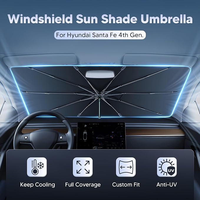 Autorder Windshield Sun Shade Umbrella for 2019-2023 Hyundai Santa Fe Accessories,Upgraded Ice Crystal Material,Easy Setup Umbrella Sunshade for Car Windshield,100% Sun Blocking