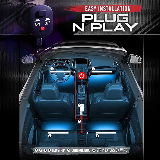 OPT7 Aura Double Row Car LED Lights Interior 6pc with Wireless Remote Control, Multicolor Mode, Sound Active Function Inside Ambient Lighting Kit, Footwell Floor Decor, Charger Adapter 12V