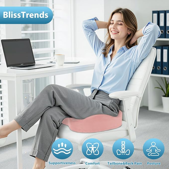 BlissTrends Extra Thick Seat Cushion for Office Chair & Car Seat, Pink | Tailbone & Sciatica Relief, Ergonomic Support, High-Density Memory Foam, Comfort for Extended Sitting
