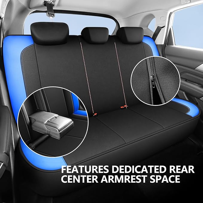 HChengkikz Car Seat Covers Full Set, Waterproof Neoprene Car seat Covers, Airbag Compatible, Universal Fit Automotive Seat Covers for Most Cars, Trucks, SUVs (Black + Blue)