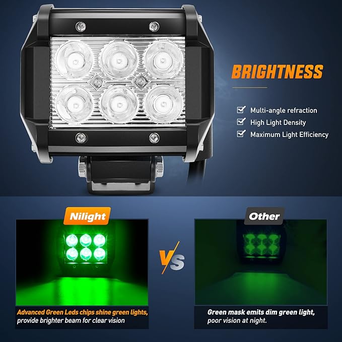 Nilight 4 inch Led Light Pod Green Spot Driving Fog Lights 2PCS 18W Off Road Fishing Hunting Emergency Safety Signal Deck Trailer Hunting Lighting for UTV Pick-up Van Boat Tractor