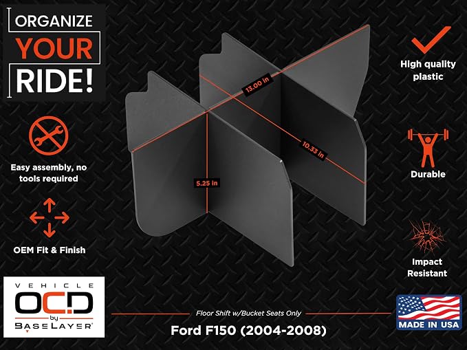 Vehicle OCD - Center Console Organizer for Ford F150 (2004-2008) (Floor Shift w/Bucket Seat Only) - Made in USA - SLX118