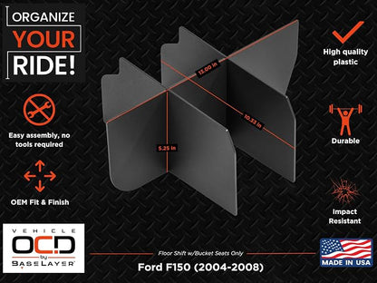 Vehicle OCD - Center Console Organizer for Ford F150 (2004-2008) (Floor Shift w/Bucket Seat Only) - Made in USA - SLX118