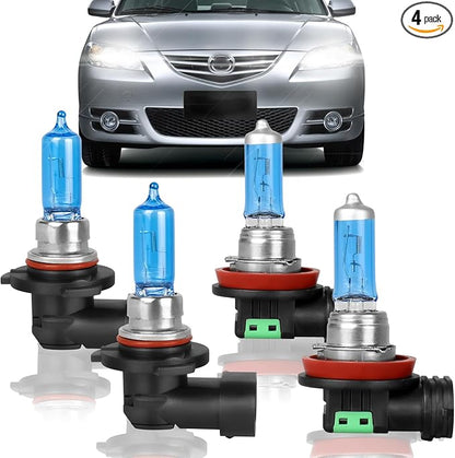 Fit for Mazda 3 2010-2018 High Performance Halogen Headlight Bulbs,9005 High Beam + H11 Low Beam Headlamp Replacement Bulbs Kit, Plug and Play,Pack of 4