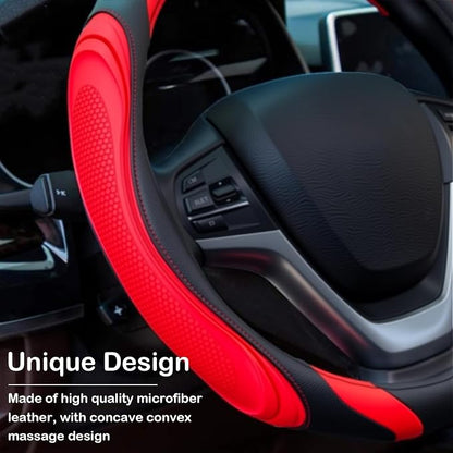 Concave Convex Massage Black Red Microfiber Leather Steering Wheel Cover, 14.5-15 Inch Non-Slip Breathable Microfiber Car Steering Wheel Protector