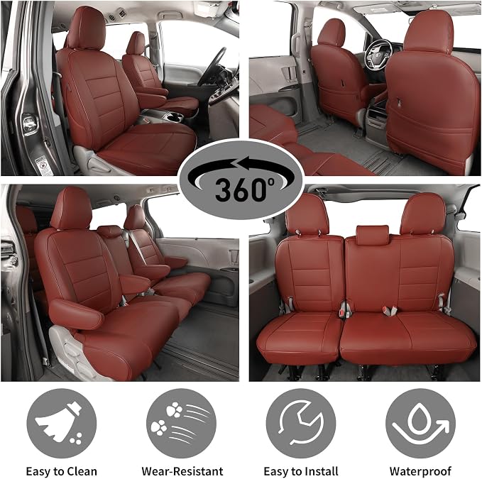 EKR Sienna Seat Covers for 2011-2020 Toyota Sienna LE,XLE, SE,XLE Premium 2nd Row 4/2/4 Split,8 Seats,Waterproof Car Seat Cover Full Set,Car Seat Protectors- Three Row,Leather (Burgundy)