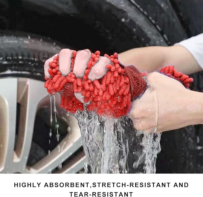 Microfiber Car Wash Sponge, Scratch-Free Vehicle Washing Mitt with Chenille & Mesh Sides, Highly Absorbent Sponge Lint-Free Cleaning Tool for Car Washing & Detailing (Red)