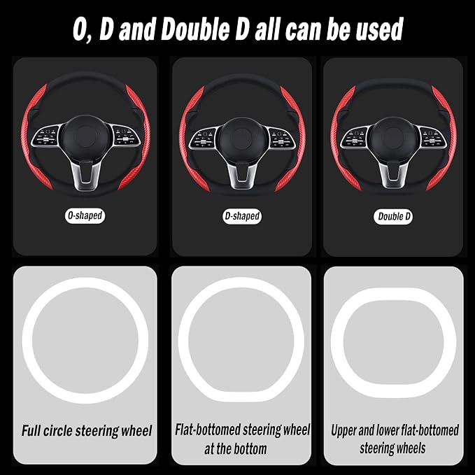 Carbon Fiber Steering Wheel Cover, 2-Piece Set Anti-Skid Comfortable Grip Segmented Butterfly Design, Easy Snap-On Installation Universal Fit 99% Cars, Red