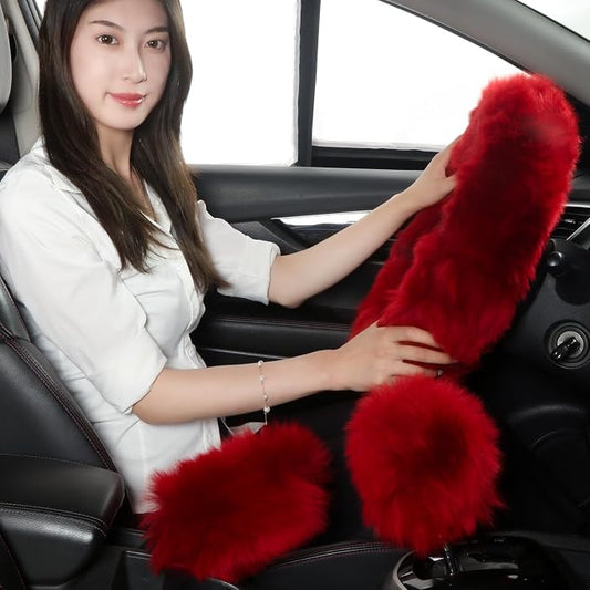 Fuzzy Genuine Sheepskin Steering Wheel Cover Set for Women Parents-Fluffy Soft Australian Merino Wool Wrap with Gear Shift and Hand Brake Covers, Cozy Stylish Luxury Car Accessories (Red)