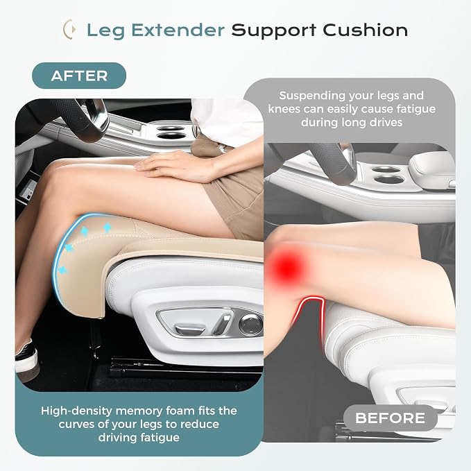 Coverado Car Seat Leg Extender Support Cushion, Leg Rest Cushion for Driver Seat, Universal Car Seat Leg Support, Leather Car Seat Cushion, Waterproof Leg Extension Pad for Long Driving (Update,Beige)