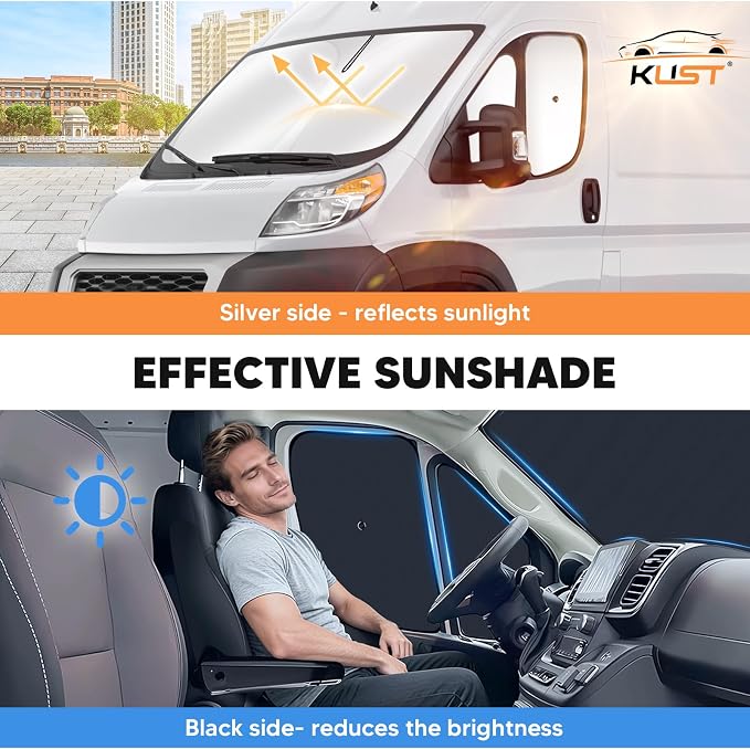 KUST 5-Pack Window Sun Shade for 2014-2025 Dodge RAM ProMaster Interior Accessories Full Size Cargo Van Sunshade Full Coverage Window Shades Silver & Black Shade, Sun Shield Blocks UV Rays Heat