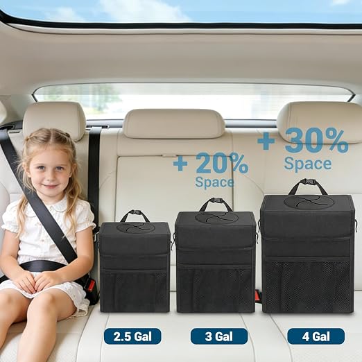 Capolo Car Trash Can with Lid, Leakproof Car Trash Bag Hanging Waterproof Automotive Garbage Can with Storage Pockets Mini Vehicle Trash Bin for Back/Front Seat(Black,4 Gallon)