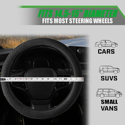 Suede Steering Wheel Cover with Upgraded Silicone Inner Ring, Breathable, Anti-Slip, Leather Universal 14.5 to 15 Inch Steering Wheel Cover (Black with Handwoven Craft)