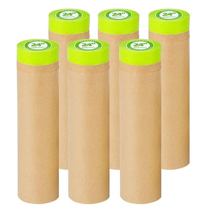 Tangibay Pre-Taped Masking Paper for Painting - 24 inch x 50 feet Tape and Drape Painters Paper, Paint Adhesive Protective Paper Roll for Covering Skirting, Frames, Cars and Auto Body (6 Rolls)
