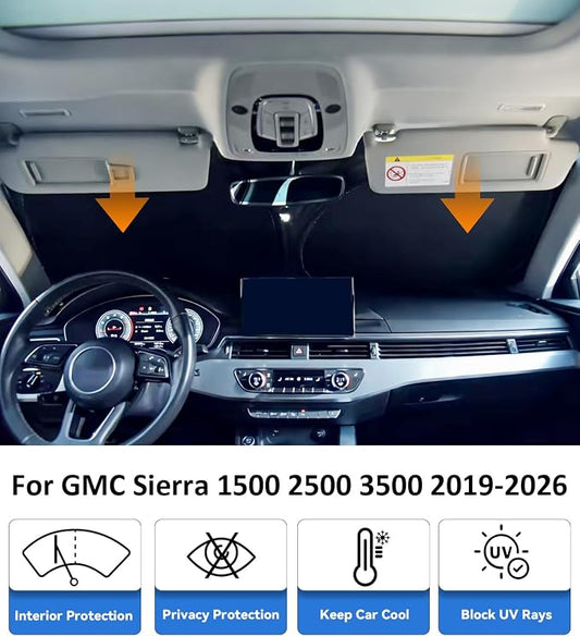 Windshield Sun Shade for 2019-2025 2026 GMC Sierra 1500 2500 3500 Accessories Car Front Window Sun Visor & Heat Shield | 240T Sunshade Protection Blocks UV Rays Keep Your Car Cooler