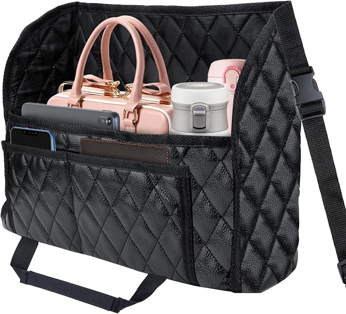 BFXM Car Purse Holder Between Seats, Leather Auto Front Seat Handbag Organizer Pocket, Large Capacity Car Net Pocket Handbag Holder, Backseat Barrier Storage Bag Fits for Car, Truck, SUV