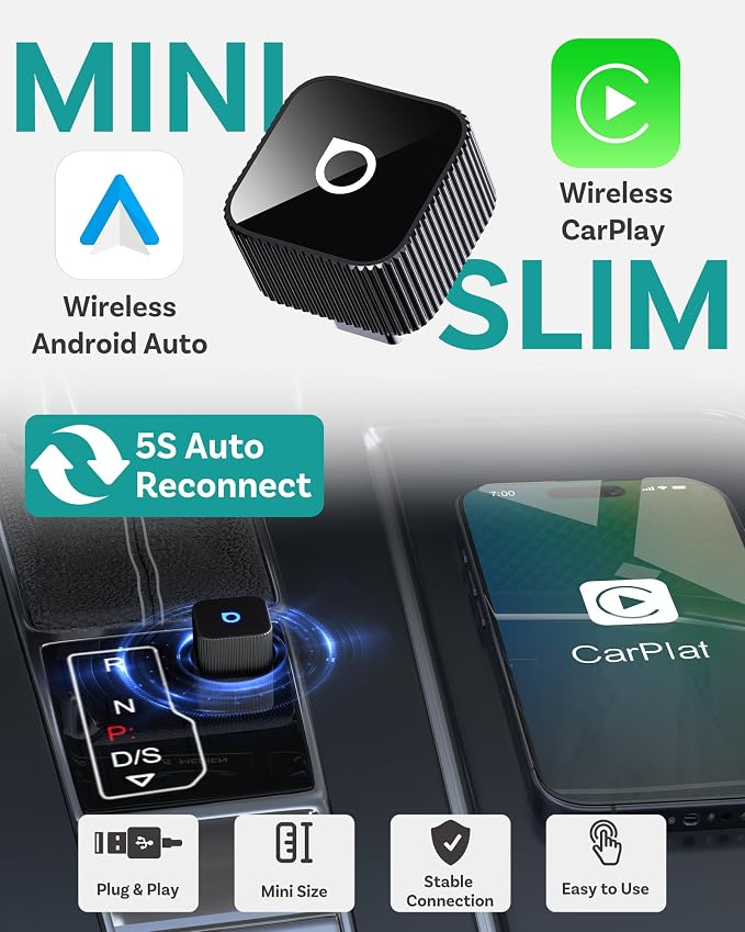 OTTOCAST Mini Cube 3.0 USB C Wireless CarPlay & Android Auto Adapter 2026– Plug & Play, Fast Auto-Reconnect (Black)