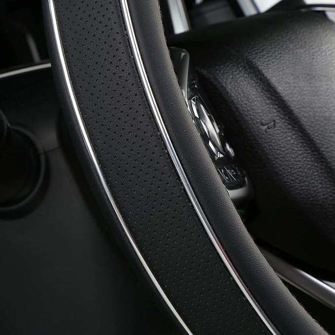 ALEMODR Black Leather Steering Wheel Cover Fiber Strip Car Steering Wheel Cover Universal 15 inch for Men