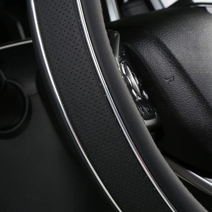 ALEMODR Black Leather Steering Wheel Cover Fiber Strip Car Steering Wheel Cover Universal 15 inch for Men